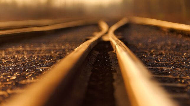 Parallel railway tracks converge towards a vanishing point under soft golden sunlight, reflecting gently