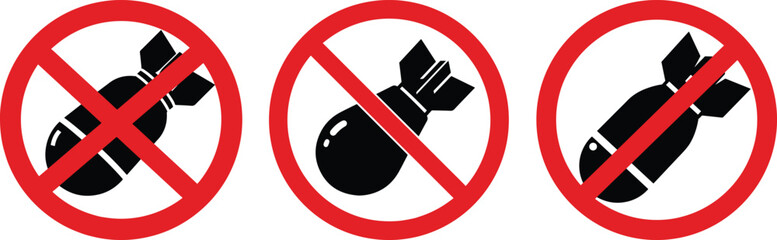 Three red prohibition signs with bomb silhouettes inside no bombs silhouette