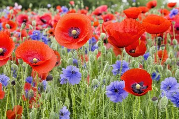 Vibrant red poppies and vibrant blue flowers in a field