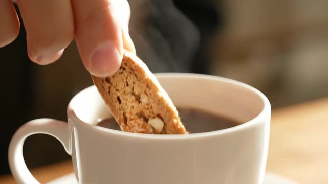 Dipping Delicious Biscotti Into Dark Coffee During a Relaxing Morning at Home on a Sunny Day