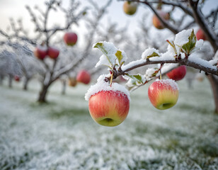 snow covered apples tree in winter, Winter Apple Orchard Trees Dusted With Frost Under Bright Sunlight With Snow Covered Ground