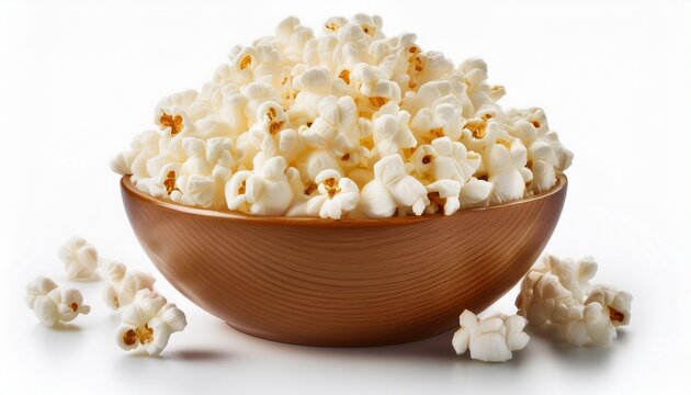 a bowl of fluffy white popcorn isolated on white background