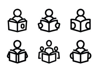 Diverse depictions of figures reading books, emphasizing education and literacy concept