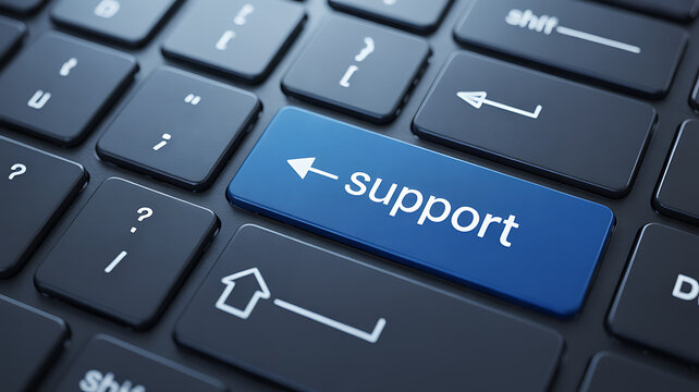 Close-up of a glowing blue support button on a modern computer keyboard for technical assistance