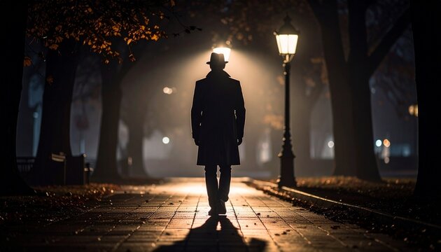 Silhouette of a man standing on a foggy sidewalk at night, illuminated by a streetlamp with trees and leaves in the background, conveying a mysterious mood.