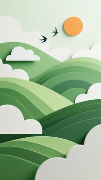 Stylized Paper Art Landscape with Rolling Hills, Clouds, and a Warm Sun