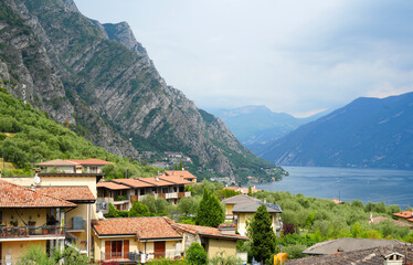 Limone sul Garda, Italy, view over the town to the Garda lake from a hill