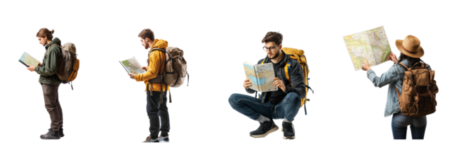 Collection of person with a travel guidebook in hand, looking at it with interest Ready to explore. full length isolate on transparent background