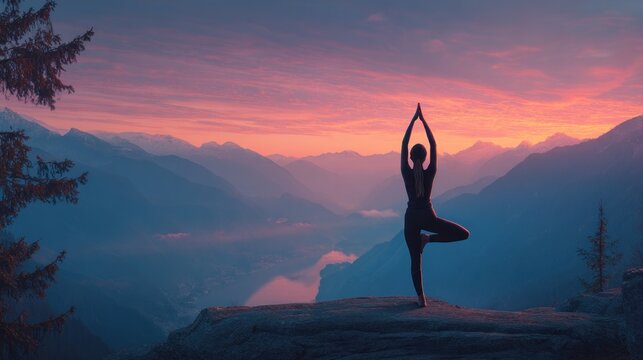 Woman doing yoga at sunrise over mountains