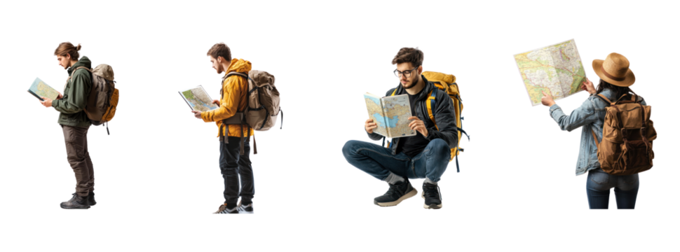 Collection of person with a travel guidebook in hand, looking at it with interest Ready to explore. full length isolate on transparent background