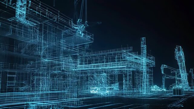 Futuristic wireframe rendering depicting a busy cargo port at night