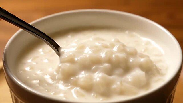 Eating Tapioca Pudding Dessert With Spoon From White Bowl in Kitchen at Daytime