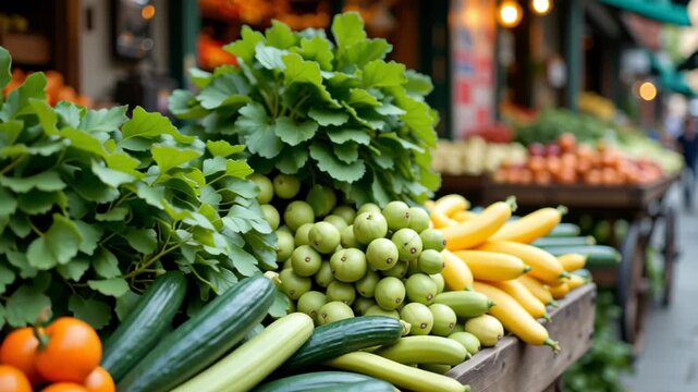 Fresh vegetable and fruit market stall with vibrant orange tomato, green zucchini, yellow squash, apple, and leafy greens, organic healthy produce rustic wooden cart outdoor market, inviting lively