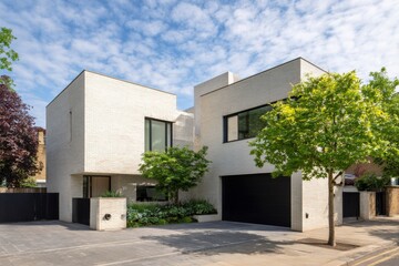 A contemporary house featuring distinctive architectural design, nestled amidst lush greenery, perfectly illuminated by sunshine and conveniently located near the bustling city center