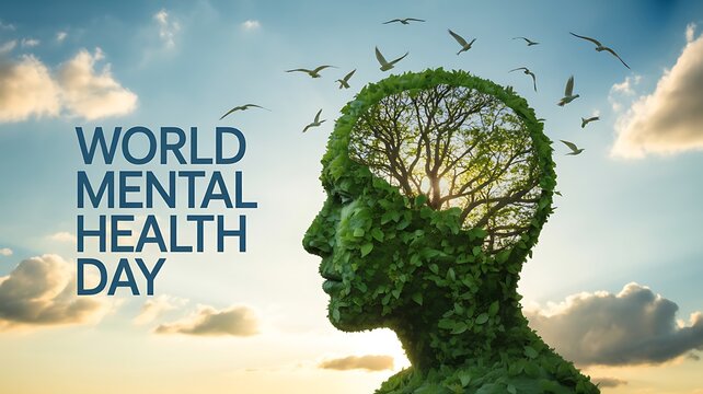 World mental health day illustration with human head silhouette filled with green leaves and birds symbolizing growth and healing