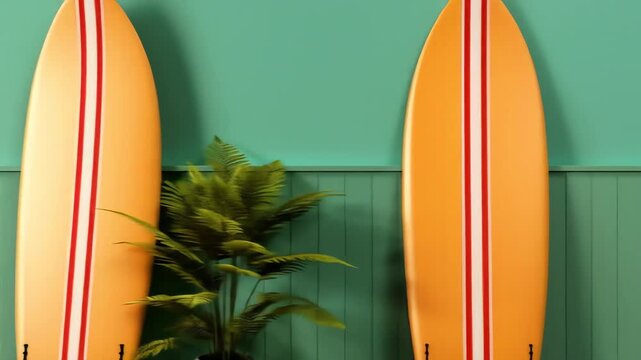 Two orange surfboards with red and white stripes flank a potted fern