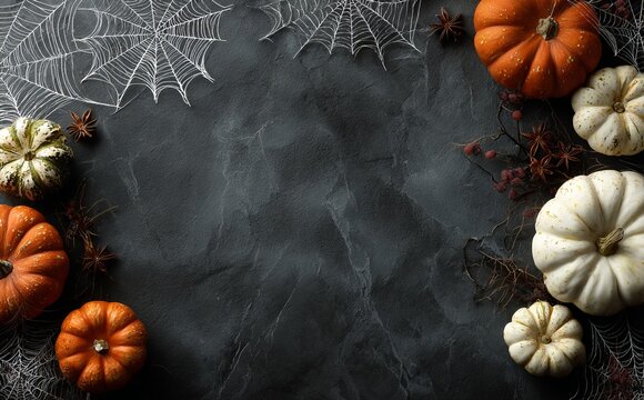 Dark background with pumpkins and spider webs on the edges, top-down view, copy space in the center, flat lay - Powered by Adobe