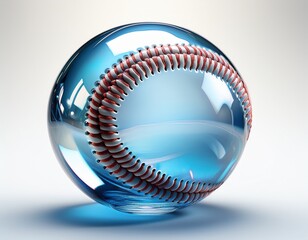 a 3d render of a transparent glass like baseball with a shiny reflective seam and a soft blue hue isolated on a white background