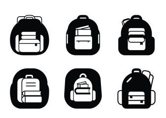 Collection of black and white backpack icons with books for school