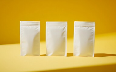 Three white plastic pouches stand on a sunny yellow background ready for branding