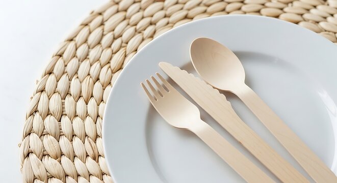 Close up of wooden cutlery on white plate with straw mat creating a minimalist table setting look
