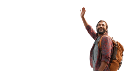 A cheerful man waving with a backpack, set against a white isolated background.