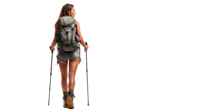 A backpacker in shorts hiking with trekking poles, enjoying nature's beauty on a bright sunny day.