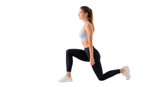 A young woman performing a lunge exercise, isolated on a white background.