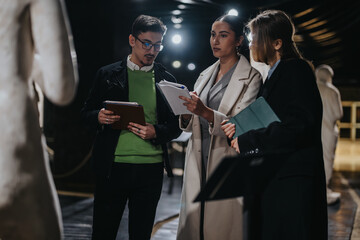 A group of people discusses and observes exhibits within a museum setting, showing collaboration, engagement, and an appreciation for art and culture in an elegant, professional environment.