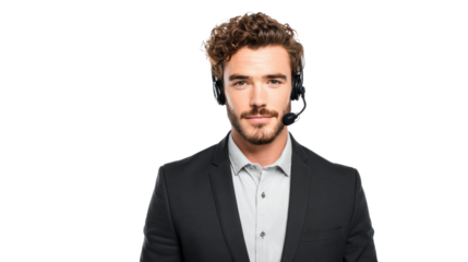 Businessman with headset, providing support and assistance, isolated on white background.