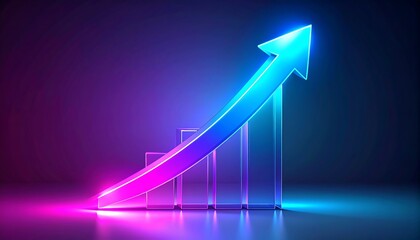 Vibrant neon glowing bar chart with an upward arrow symbolizing business growth, financial success, and digital data analytics