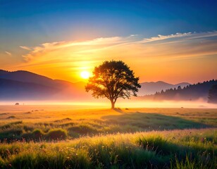 Sunrise over a meadow with a lone tree.  A serene landscape