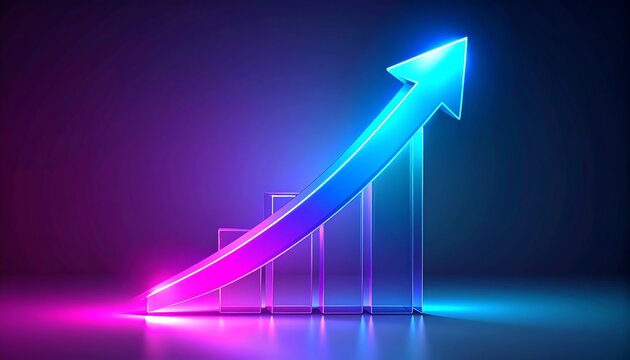 Vibrant neon glowing bar chart with an upward arrow symbolizing business growth, financial success, and digital data analytics