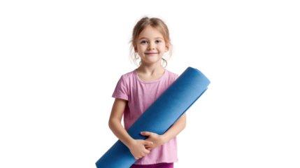 Cheerful girl holding a blue yoga mat, smiling confidently, isolated on white background.