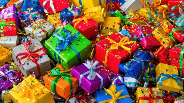 A joyful pile of colorful gift boxes tied with playful ribbons, evoking childhood excitement and wonder, ideal for festive, joy, or marketing designs.