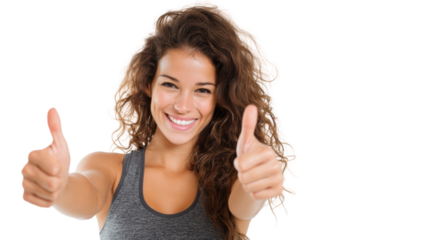 Cheerful woman giving thumbs up, expressing positivity and confidence, white isolated background