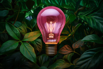 Glowing light bulbs amidst lush green and pink leaves