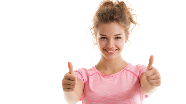 Cheerful young woman giving thumbs up, expressing happiness and positivity, white isolated background.