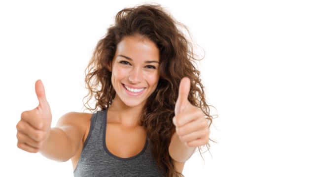 Cheerful woman giving thumbs up, expressing positivity and confidence, white isolated background