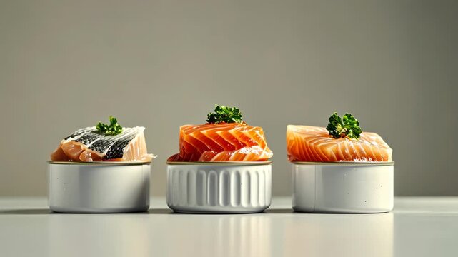 selective focus canned tuna on minimalist background front view