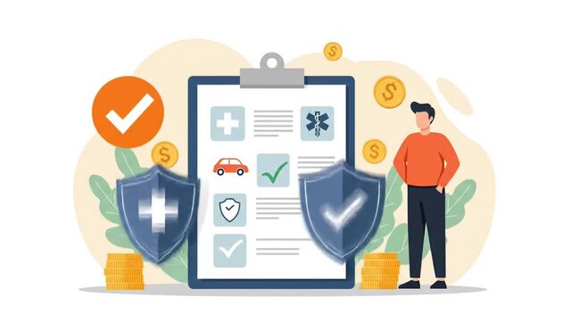 Insurance checklist document displayed with shield icons and person standing beside coins. Finance concept
