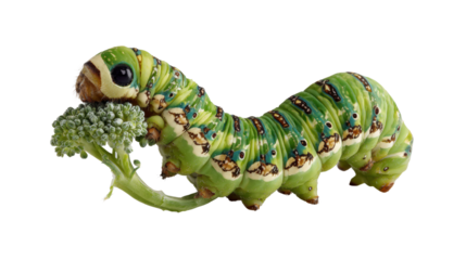 Colorful caterpillar holding a piece of broccoli on a white isolated background.