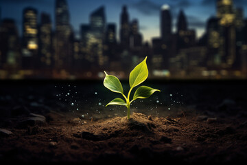 Glowing seedlings in the night cityscape