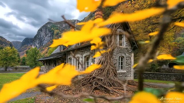 A stone building enveloped by a massive root system, nestled within a picturesque autumnal landscape.