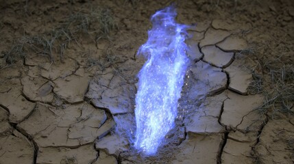 A ghostly translucent plume of smoke rising from cracked earth, illuminated by ethereal blue light, representing mystery, environment, or supernatural themes.
