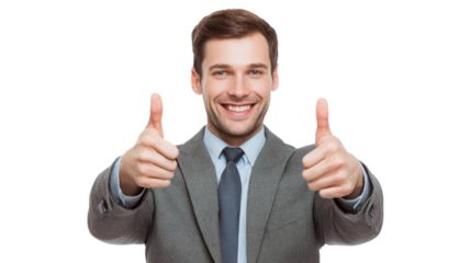 Confident businessman smiles and gives a thumbs up, dressed in a suit, isolated on white background.