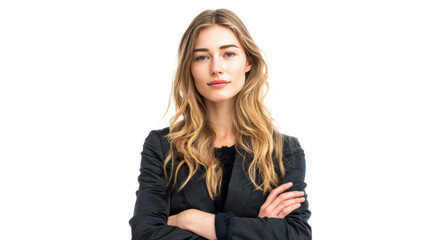 Fototapeta premium Confident young woman in a blazer with arms crossed, isolated on a white background.