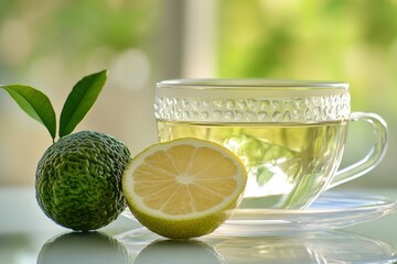 Close-up of bergamot fruit with green peel and slice next to Earl Grey tea cup showing elegant tea ritual
