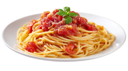Delicious spaghetti topped with rich tomato sauce and garnished with fresh basil, isolated on white background.