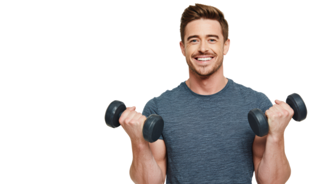 Fit man smiling while lifting dumbbells on a white isolated background. - Powered by Adobe